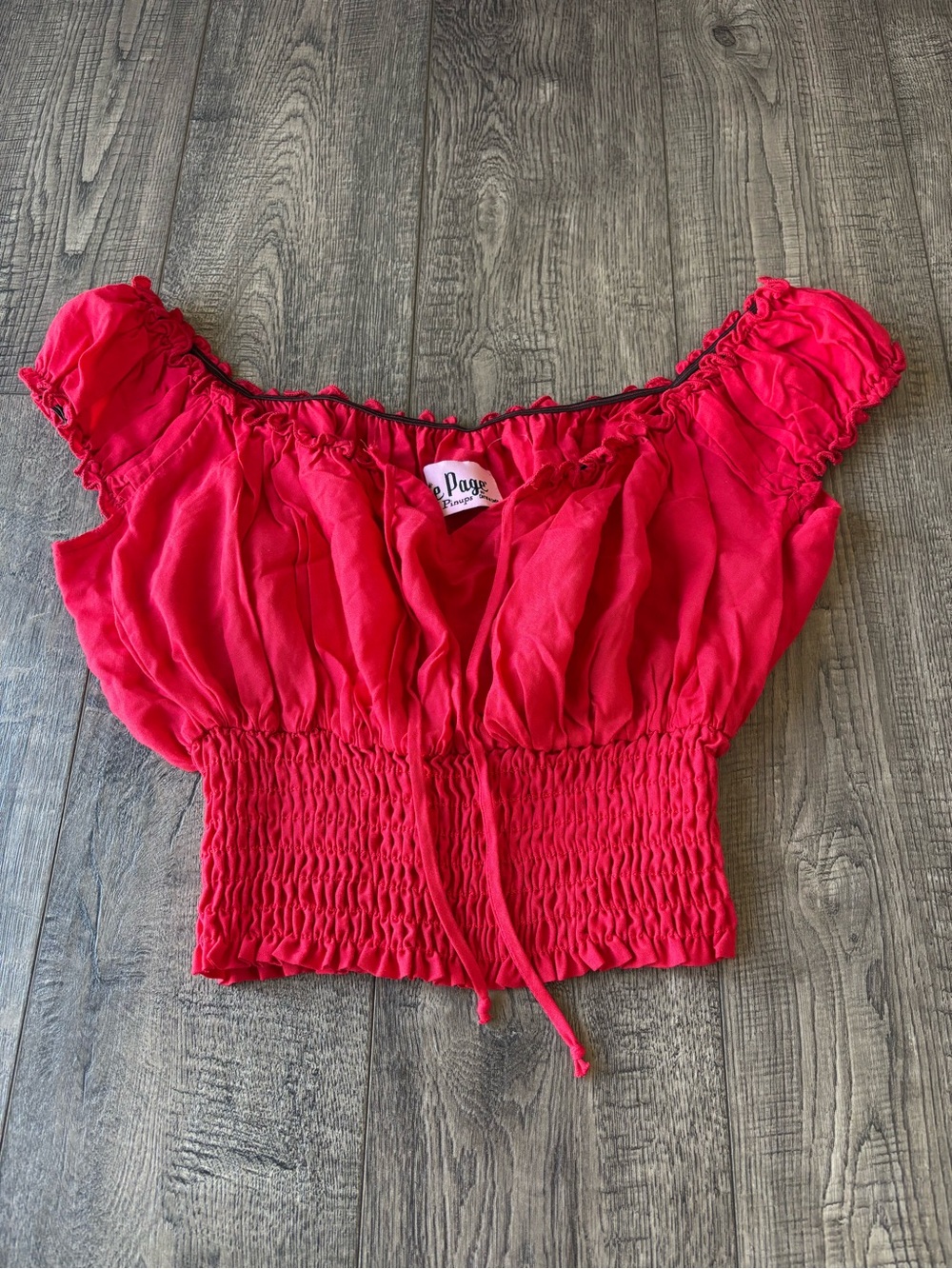 Bettie Page Bright Red Smocked Off-Shoulder Crop Top